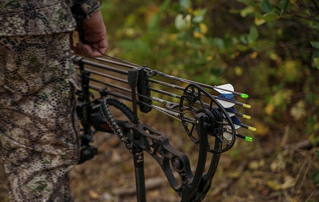 View of hunter holding bow in nature
