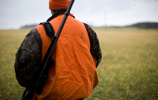 Back of hunter with rifle in field