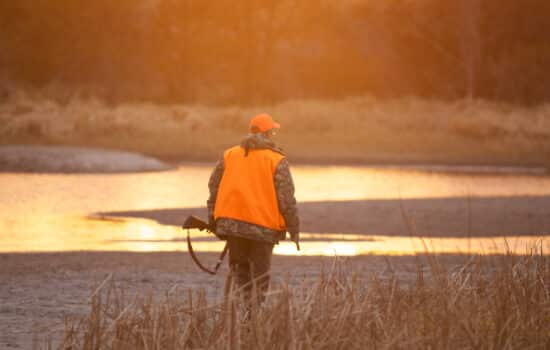 Hunter in orange vest walking next to body of water