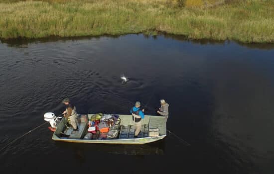 Top down view of fisherman in a fishing boat