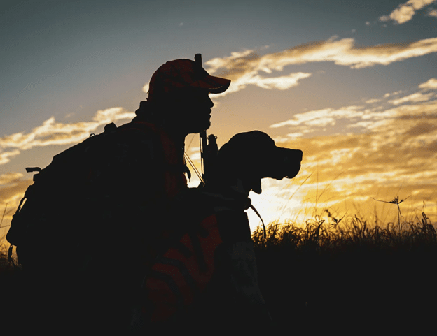 Silhouette of hunter with dog at sunset